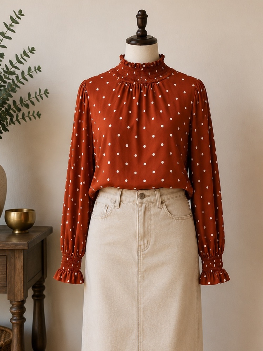 RW&CO Burnt Orange Polka Dot Smocked Mock Neck Blouse Long Sleeve Fall Top Large
